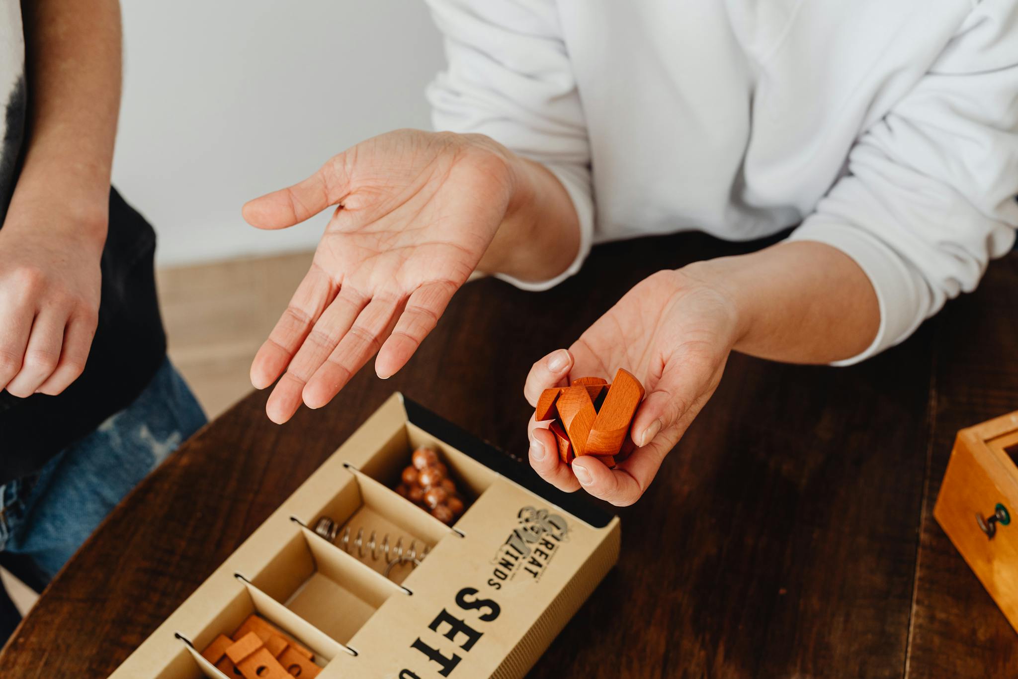Close-up of two people playing with a creative wooden puzzle game on a table.